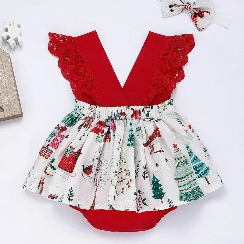 Newborn Baby Girl Summer Lace Romper Dress – Floral Flying Sleeve Jumpsuit with Headband (0-18 Months)