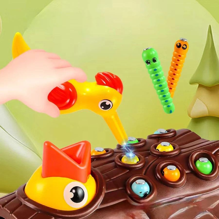Montessori Educational Toys for Children – Woodpecker Catch Worms Magnetic Game, Toddler Development Busy Board Toy for Kids