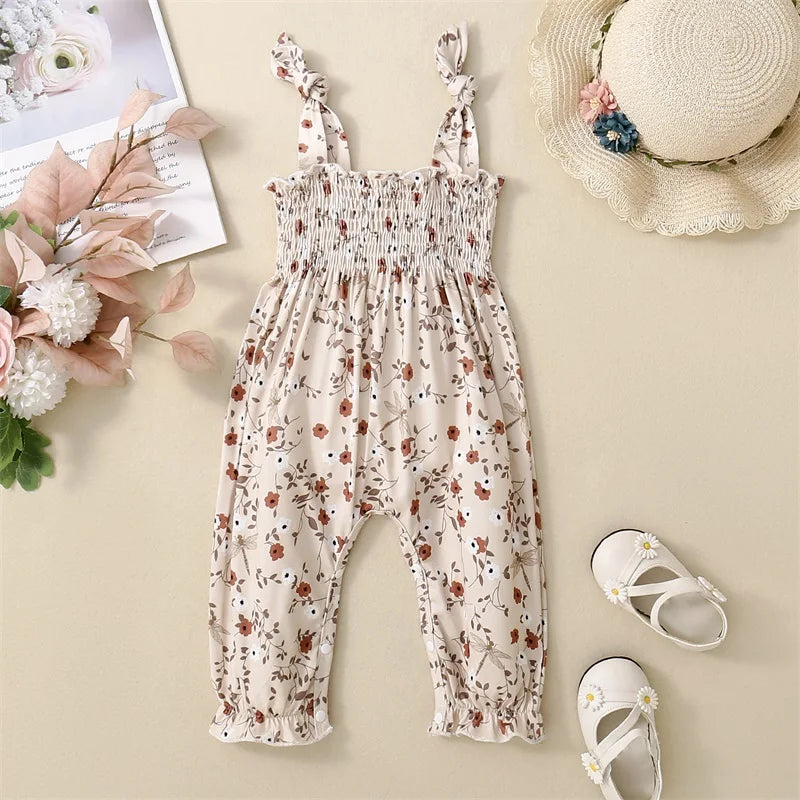Baby Girl Floral Jumpsuit – Tie-Up Suspender Overalls Romper (Summer Outfit, 0-24 Months, 2024 New)