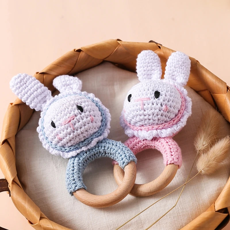 1pc Baby Wooden Teether & Crochet Rattle Toy - BPA-Free Mobile Play Gym, Rodent Rabbit Rattle for Newborns | Educational Baby Gift