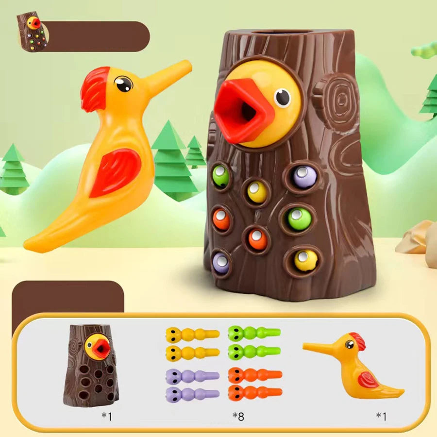 Montessori Educational Toys for Children – Woodpecker Catch Worms Magnetic Game, Toddler Development Busy Board Toy for Kids