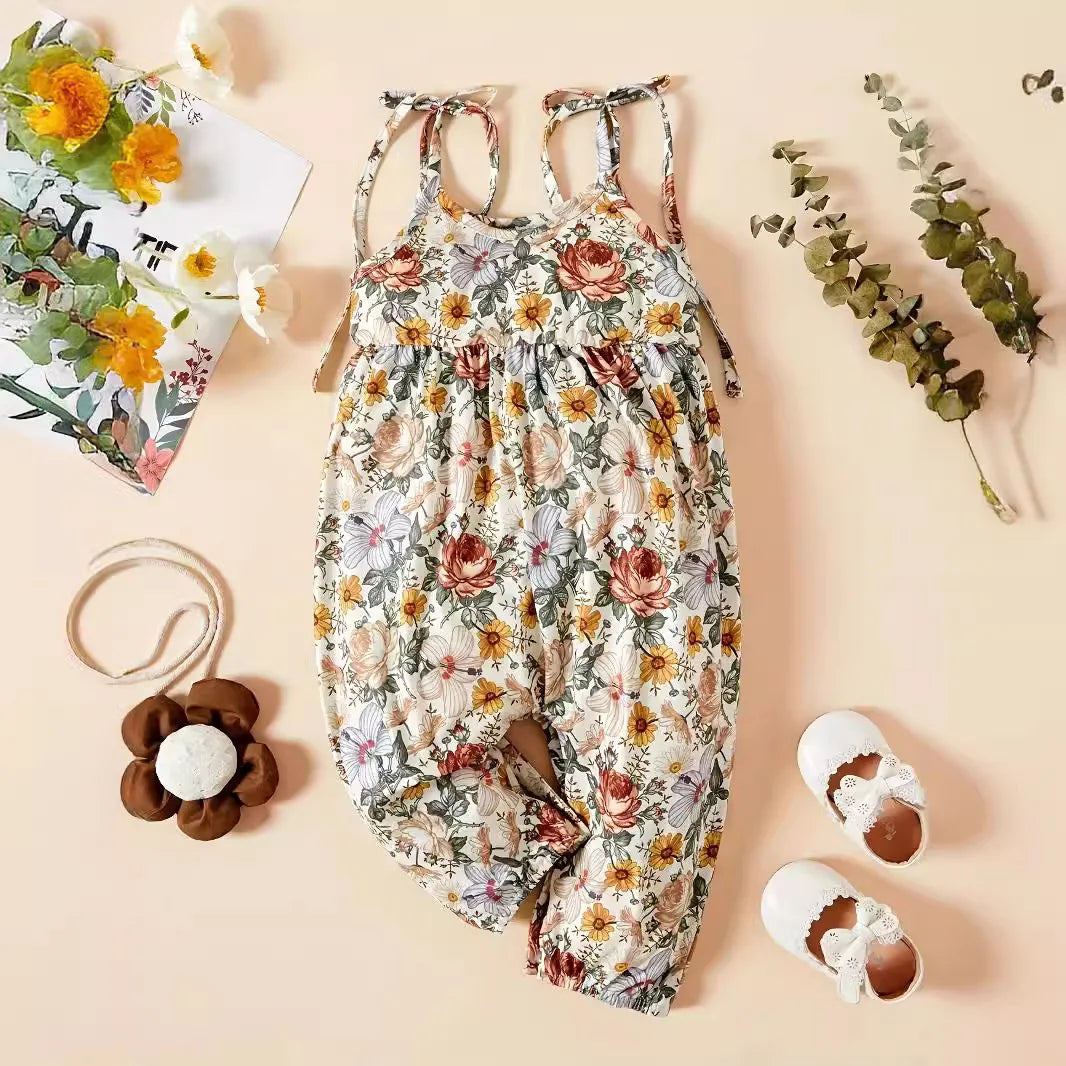 Newborn Baby Girl Daisy Print Jumpsuit – Tie-Up Long Pants Romper (Summer, 0-18 Months)