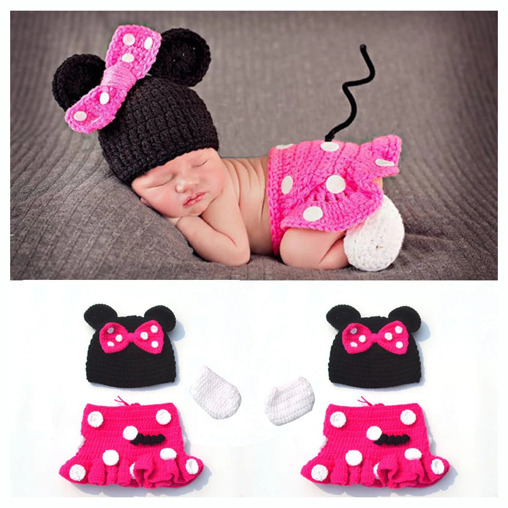 Baby Boy & Girl 3-Pack Minnie Knitted Handmade Photography Props – Newborn 0-3M Baby Clothing Costumes