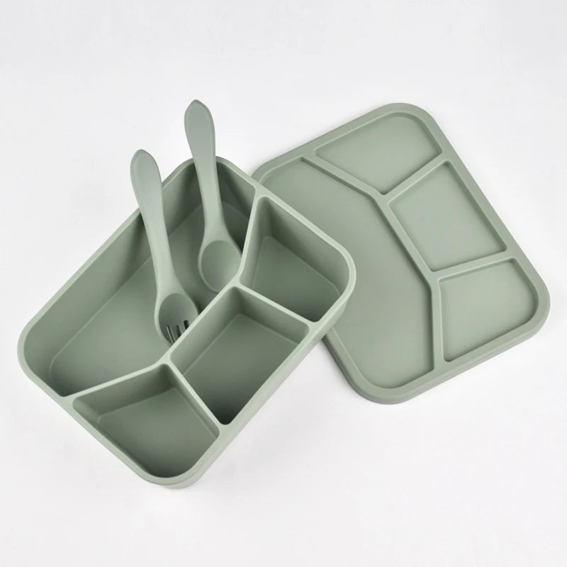 Silicone Lunch Box with Cover, Fork & Spoon – Reusable Fresh-Keeping Food Containers, Fruit Snack Bento Box, Picnic Case