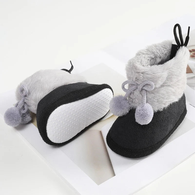 Winter Plus Velvet Snow Booties for Baby, Warm Boots Shoes, Baby Girl Shoes with Pompom, Soft Sole Indoor Walking Shoes