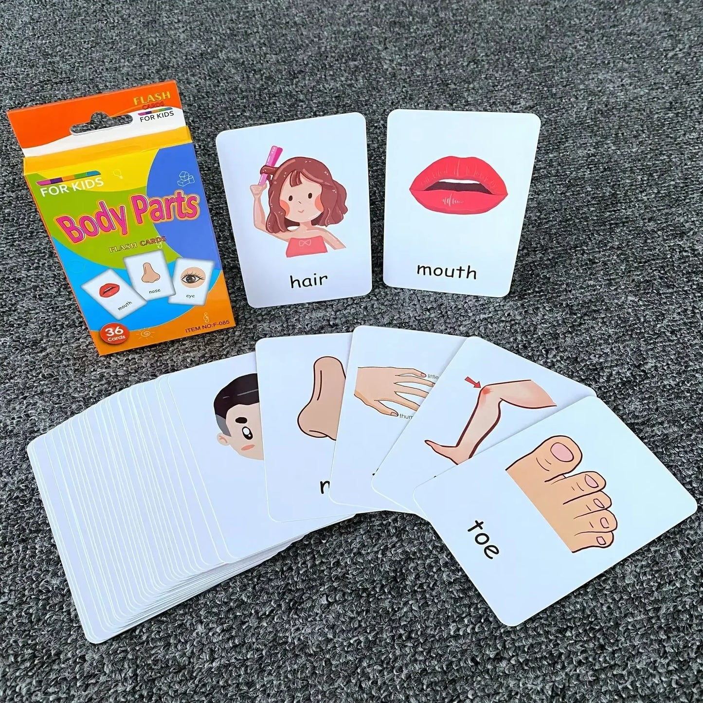36pcs Children Cognition Cards - Body Parts, Animal, Fruits Double-Sided Flashcards, Montessori Early Educational Toys for Baby Kids Gifts