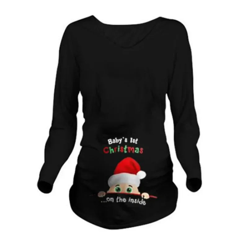 Pregnant Woman Christmas Long Sleeve T-Shirt | Santa Baby Print | Side Ruched Maternity Top | Pregnancy Clothes Tee