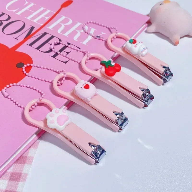 Girls Heart Pink Nail Clippers with Bead Chain Cartoon Bear Rabbit Nail Trimmer Cutter for Baby Kids Care Manicure Tools