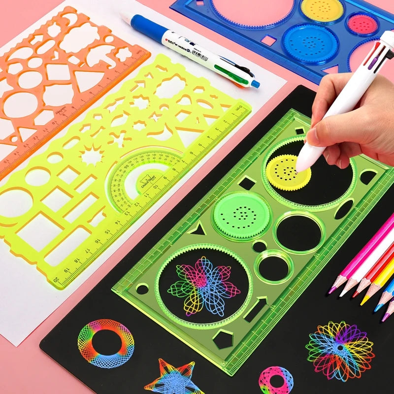 Geometry Spirograph Drawing Stencil Set – Painting Template and Ruler Art Craft for Kids, Creative Educational Toy with Flower Designs
