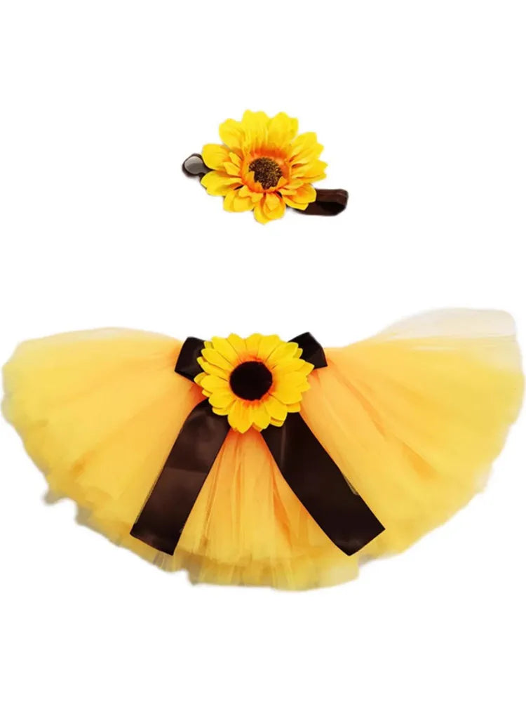 Baby Photography Unique Sunflower Design Newborn Outfit Tutu Bow Skirt Flower Headdress for 0-1 Month