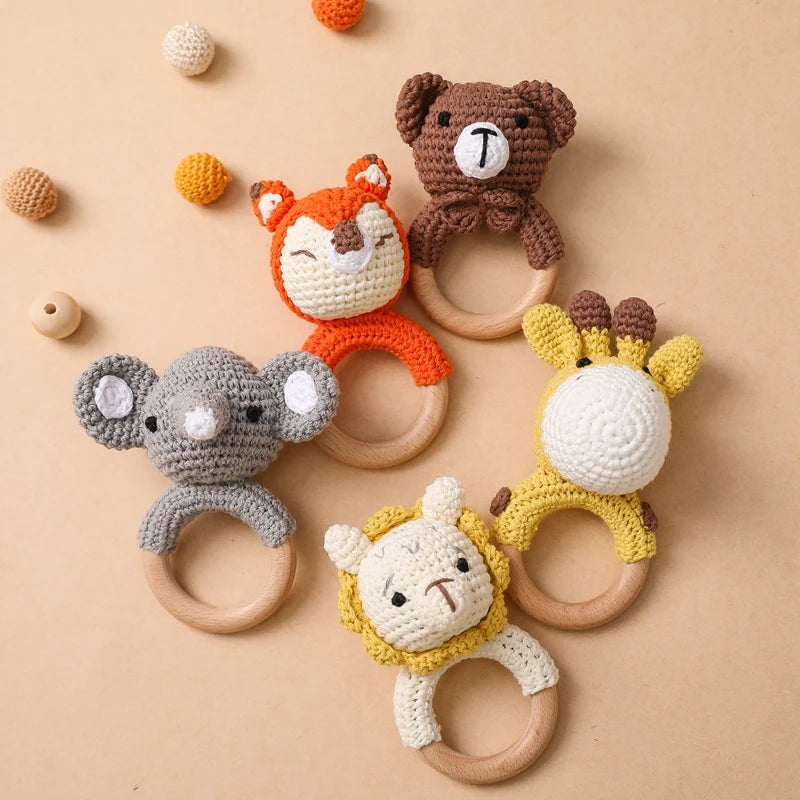 1pc Baby Teether Music Rattle - Animal Crochet Rattle, Elephant & Giraffe Wooden Ring, Babies Gym Montessori Children’s Toys