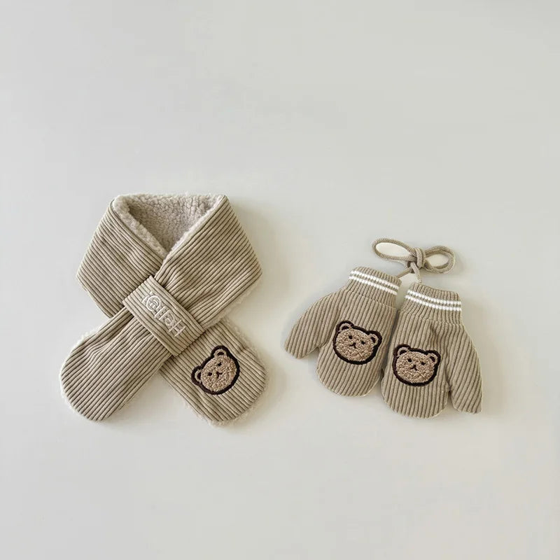 Kids’ Corduroy Winter Scarf & Gloves Set – Thick Velvet Warm Mittens for Boys & Girls