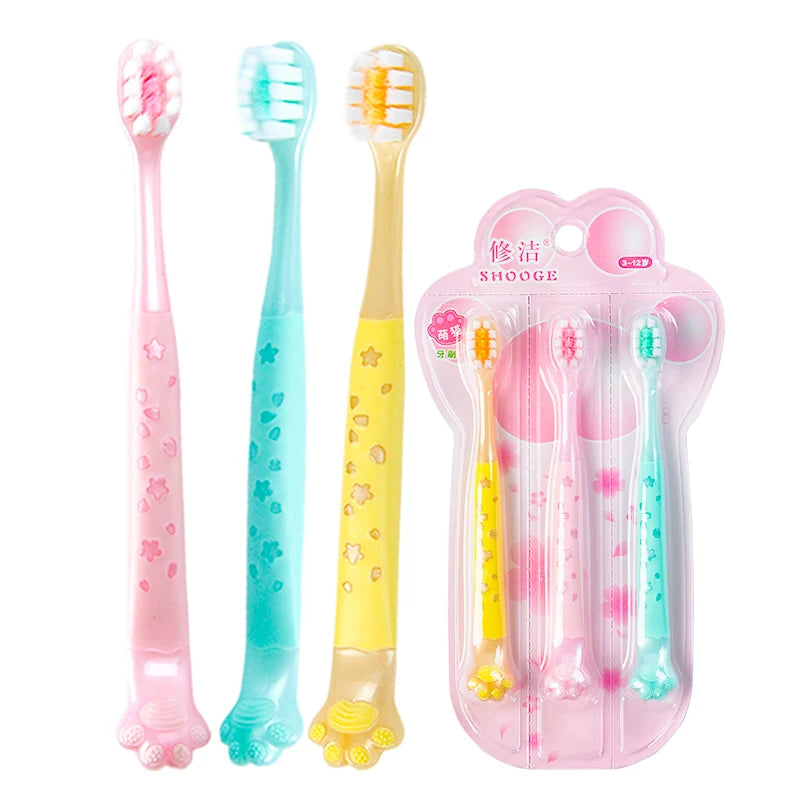 3pcs/box Kids Toothbrushes, Soft Bristles for Gum Care, Cat Paw Design for Tongue Cleaning, Independent Packaging, for 3-12 Years Old Kids
