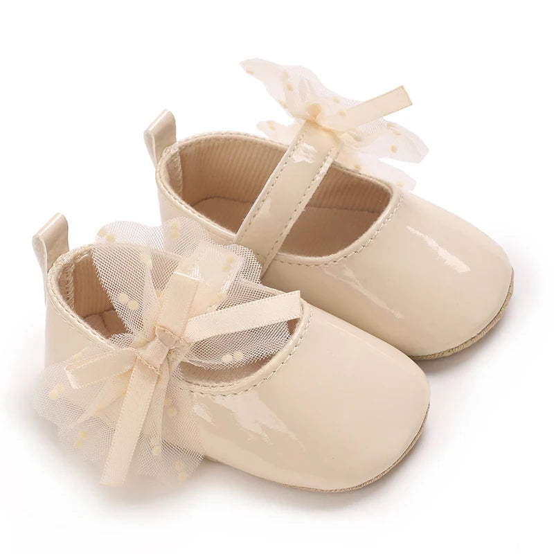0-18M Lace Bow Mary Jane Spring Baby Shoes – PU Soft Sole Non-Slip First Walker Princess Shoes for Newborn Girls