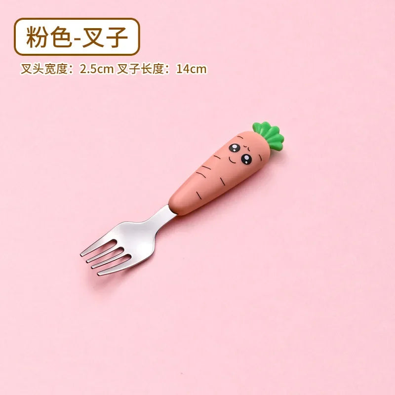 Cartoon Carrot Spoon & Fork Set for Babies - Cute Short Rice Spoon, Children's Tableware, Stainless Steel Feeding Utensils