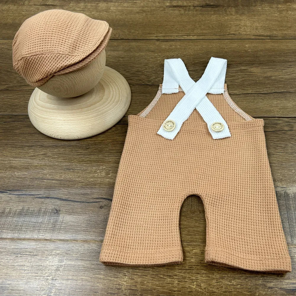 2Pcs Newborn Photography Outfit Set – Cap & Suspenders Studio Photo Props, Baby Hat & Overalls Accessories for Fotografia