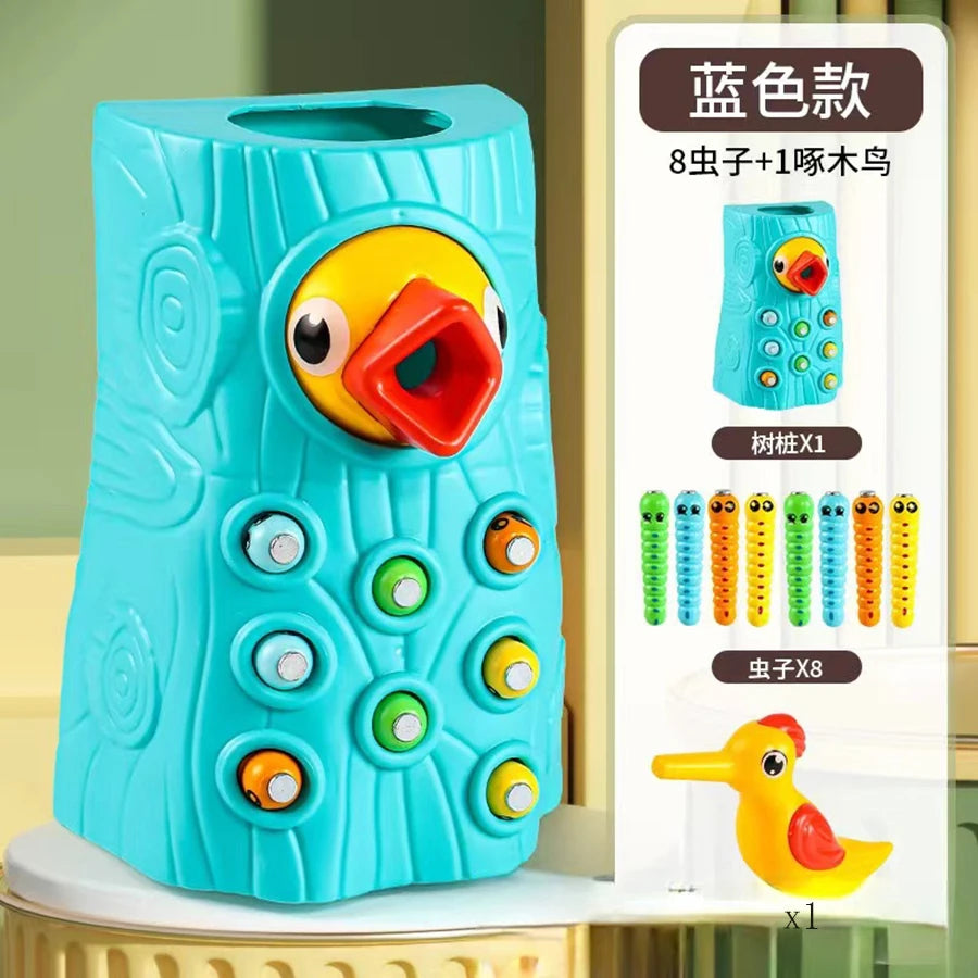 Montessori Educational Toys for Children – Woodpecker Catch Worms Magnetic Game, Toddler Development Busy Board Toy for Kids