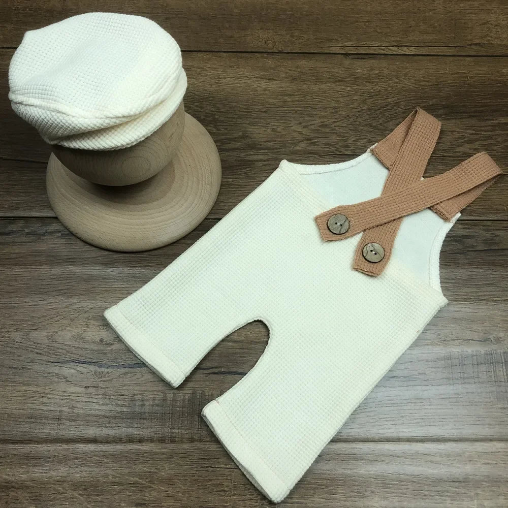 2Pcs Newborn Photography Outfit Set – Cap & Suspenders Studio Photo Props, Baby Hat & Overalls Accessories for Fotografia