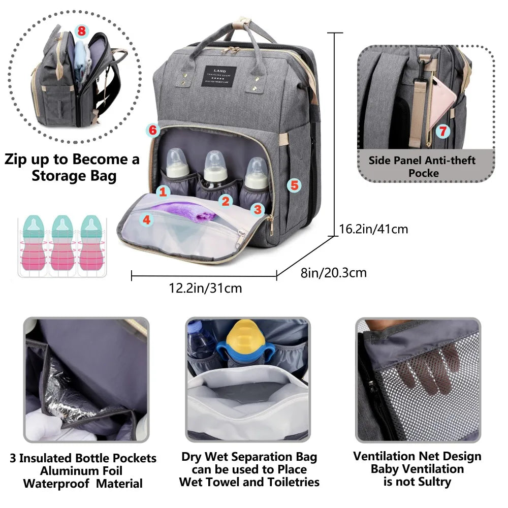 Lightweight Mommy Bag with Portable Folding Crib – Large-Capacity Travel Maternity Backpack for Baby & Mom - Kidzy Market