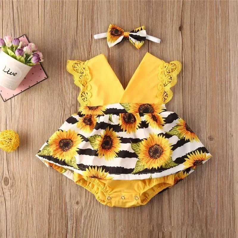 Newborn Baby Girl Summer Lace Romper Dress – Floral Flying Sleeve Jumpsuit with Headband (0-18 Months)