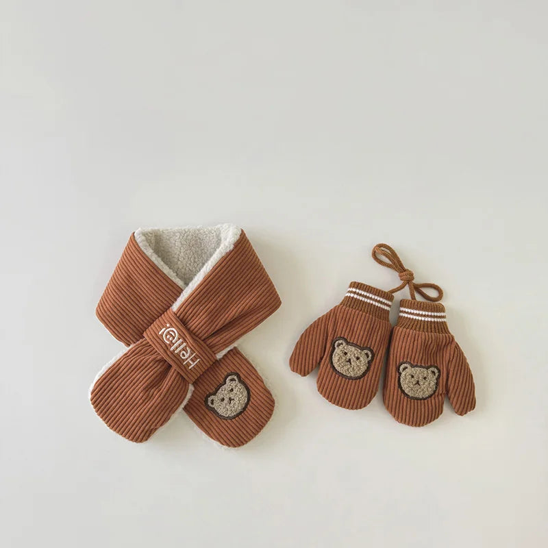 Kids’ Corduroy Winter Scarf & Gloves Set – Thick Velvet Warm Mittens for Boys & Girls