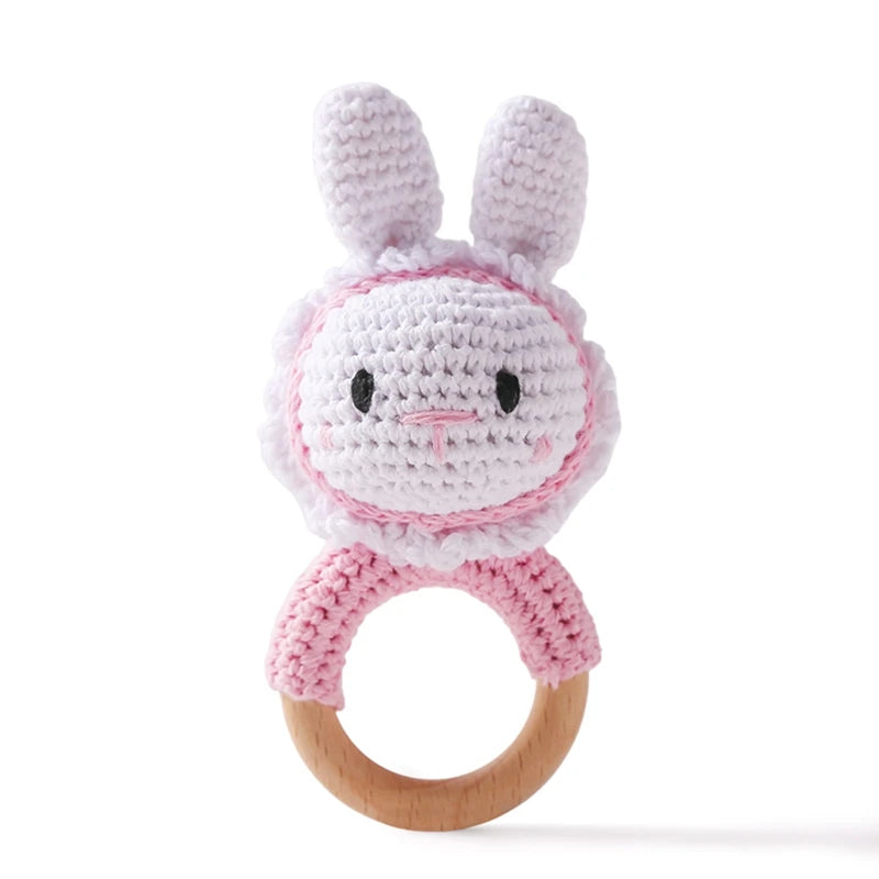1pc Baby Wooden Teether & Crochet Rattle Toy - BPA-Free Mobile Play Gym, Rodent Rabbit Rattle for Newborns | Educational Baby Gift