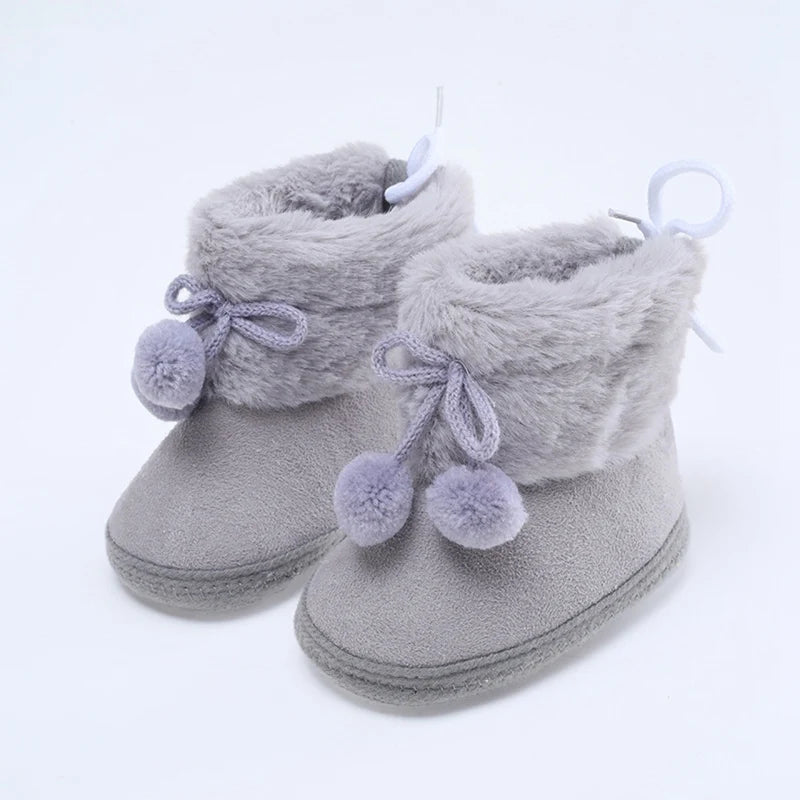 Winter Plus Velvet Snow Booties for Baby, Warm Boots Shoes, Baby Girl Shoes with Pompom, Soft Sole Indoor Walking Shoes