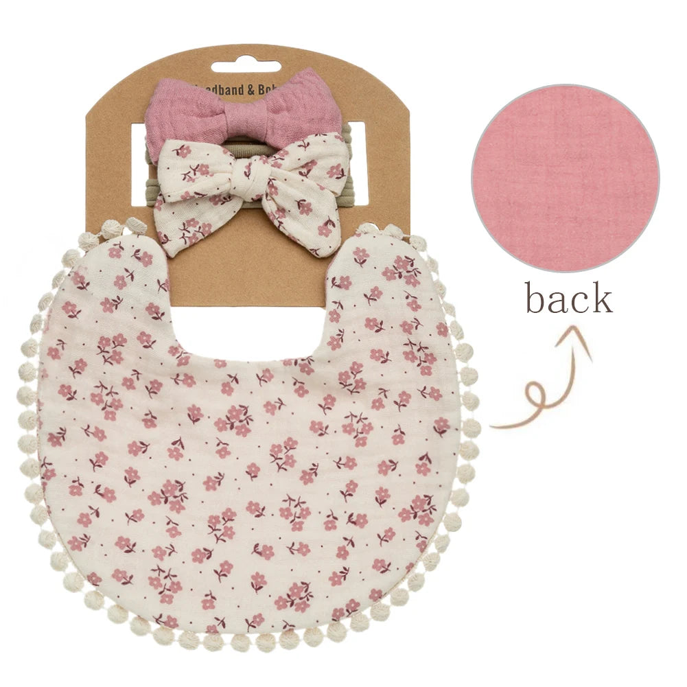 3-Piece Set – Baby Flower Bibs & Headbands, Bow Nylon Hairbands, Double-Side Saliva Towel & Feeding Burp Cloth for Boys & Girls - Kidzy Market