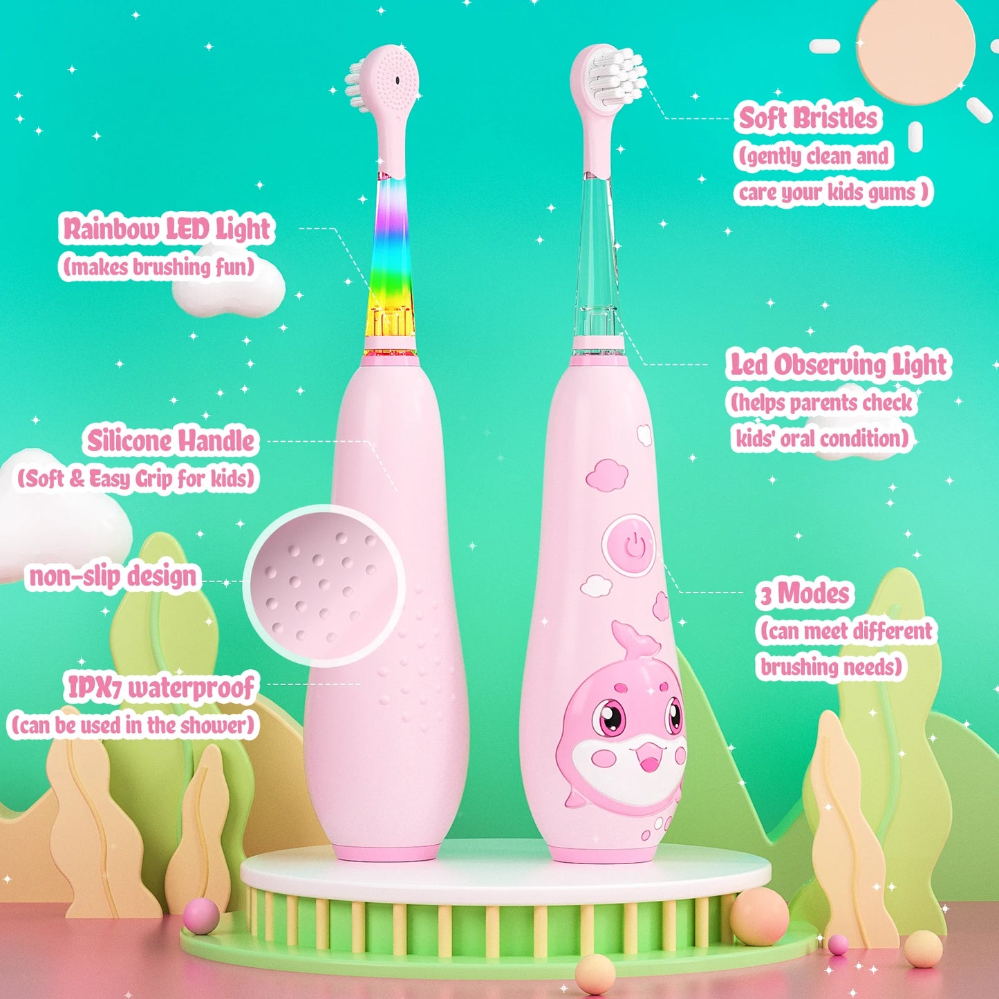 Seago Kids Electric Toothbrush - Sonic Child Dolphin Design with LED Smart Timer - IPX7 Waterproof Teeth Cleaning