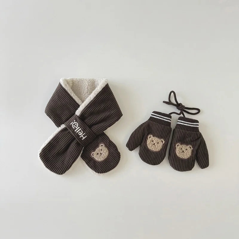 Kids’ Corduroy Winter Scarf & Gloves Set – Thick Velvet Warm Mittens for Boys & Girls