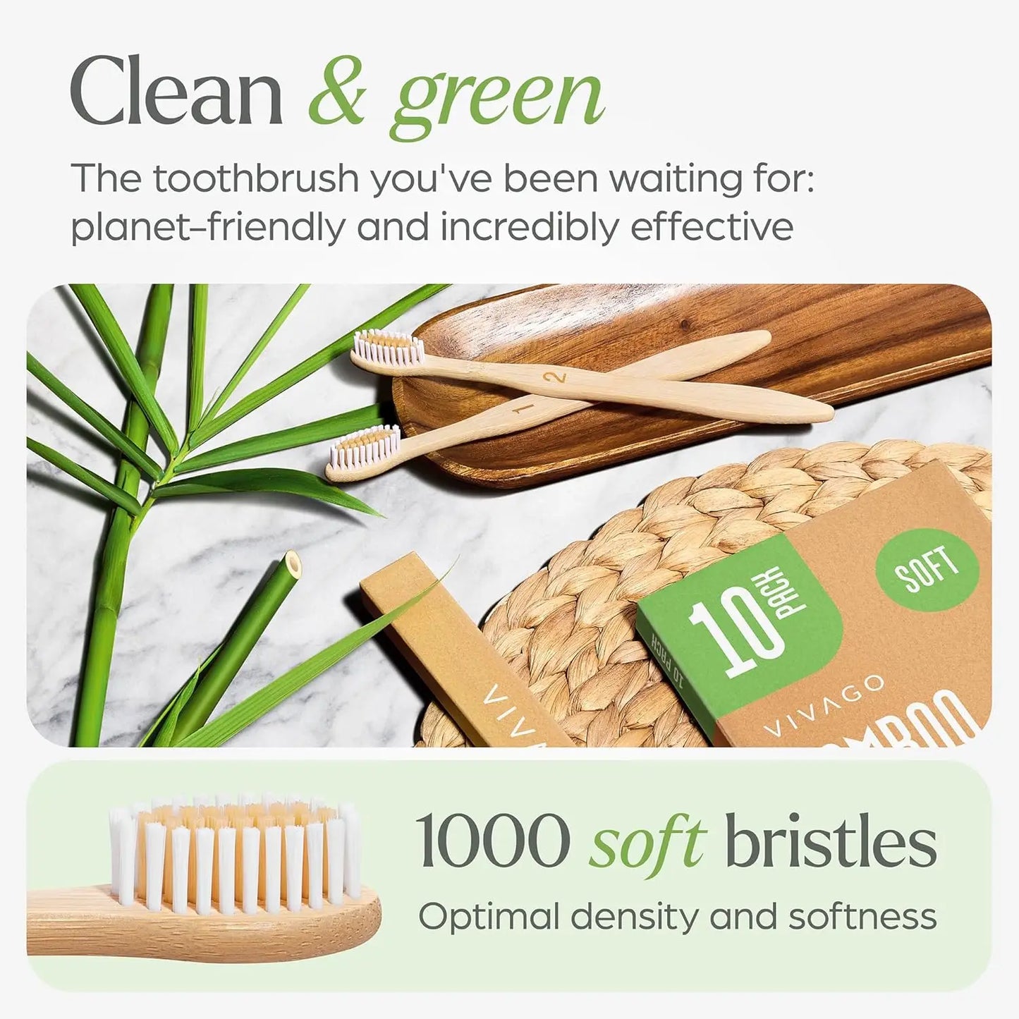 Biodegradable Bamboo Toothbrush 10 Packs, Environmentally Friendly Compostable Natural Wooden Toothbrush