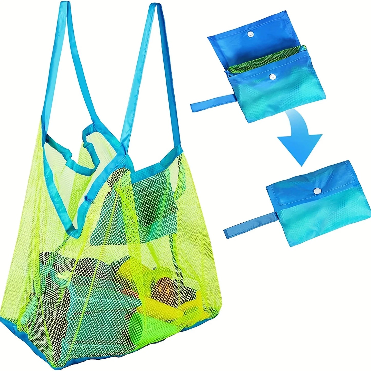 Large Mesh Beach Toy Bag With Blue & Green Side Pockets — Durable Seashell Collecting Tote For Sand Toys & Swimming