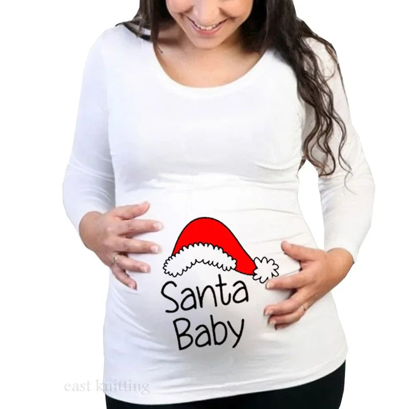 Pregnant Woman Christmas Long Sleeve T-Shirt | Santa Baby Print | Side Ruched Maternity Top | Pregnancy Clothes Tee