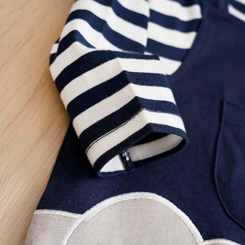 Baby Elephant Striped Jumpsuit – Long Sleeve Cotton Onesie for Newborns & Toddlers (Unisex, 0-18 Months)