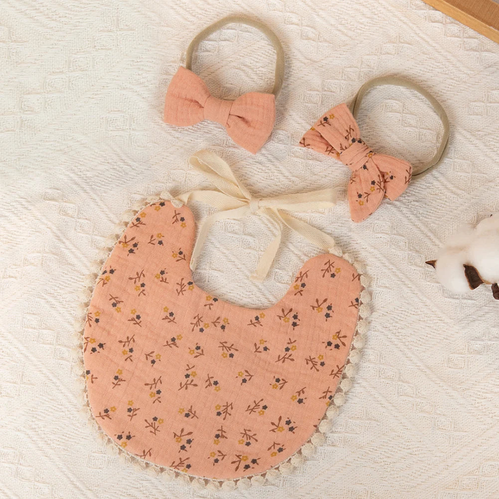 3-Piece Set – Baby Flower Bibs & Headbands, Bow Nylon Hairbands, Double-Side Saliva Towel & Feeding Burp Cloth for Boys & Girls - Kidzy Market