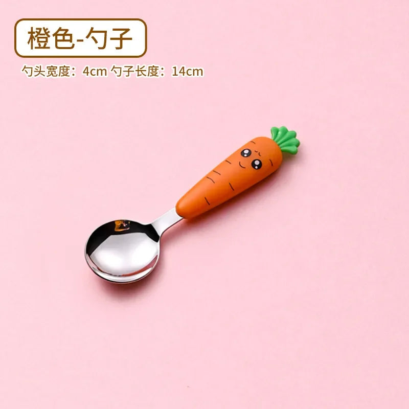 Cartoon Carrot Spoon & Fork Set for Babies - Cute Short Rice Spoon, Children's Tableware, Stainless Steel Feeding Utensils