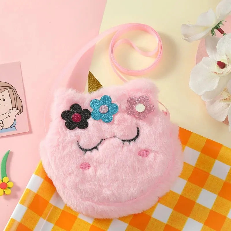 Children’s Cross-Body Bag Plush Unicorn Cartoon Coin Purse Cute Girl Flower Shoulder Bag Portable - Kidzy Market