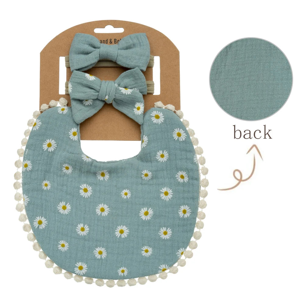 3-Piece Set – Baby Flower Bibs & Headbands, Bow Nylon Hairbands, Double-Side Saliva Towel & Feeding Burp Cloth for Boys & Girls - Kidzy Market