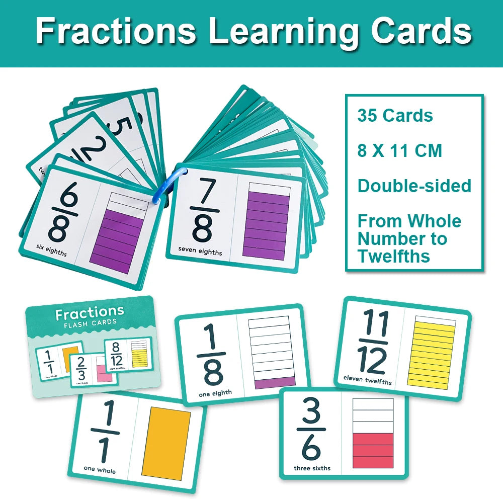 Fraction Number Flashcards - Graphical Fractions Simplification Math Learning Cards, Montessori Teaching Aids for Elementary School