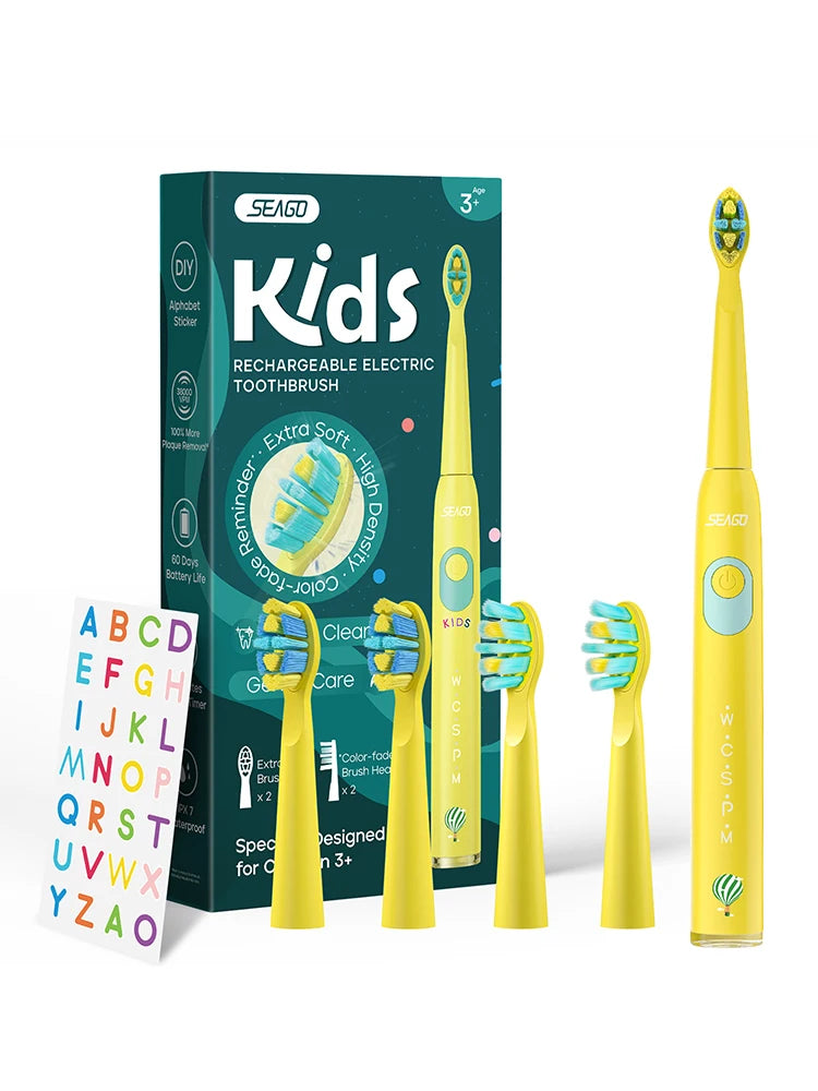Seago Kids Electric Toothbrush for 6+ Years - 5 Modes Rechargeable IPX7 Waterproof Sonic Toothbrush with Replacement Head SG-2303