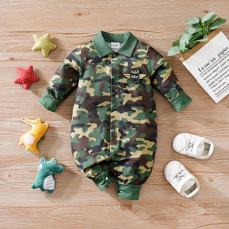 Newborn Baby Boy Jumpsuit – Long Sleeve Camouflage Footed Romper (0-12 Months, Boston Design)