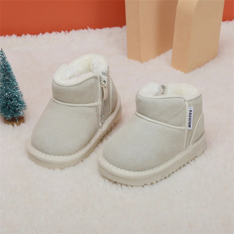 Winter Baby Snow Boots Warm Plush Leather Soft Sole Toddler Boots with Side Zipper
