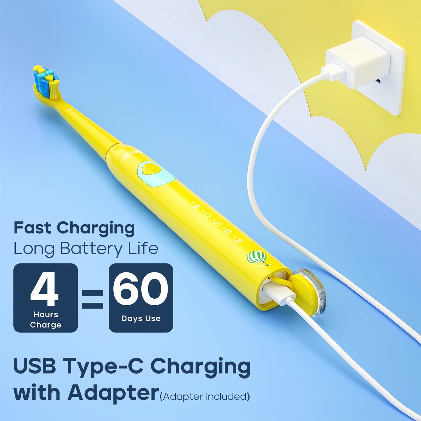 Seago Kids Electric Toothbrush for 6+ Years - 5 Modes Rechargeable IPX7 Waterproof Sonic Toothbrush with Replacement Head SG-2303