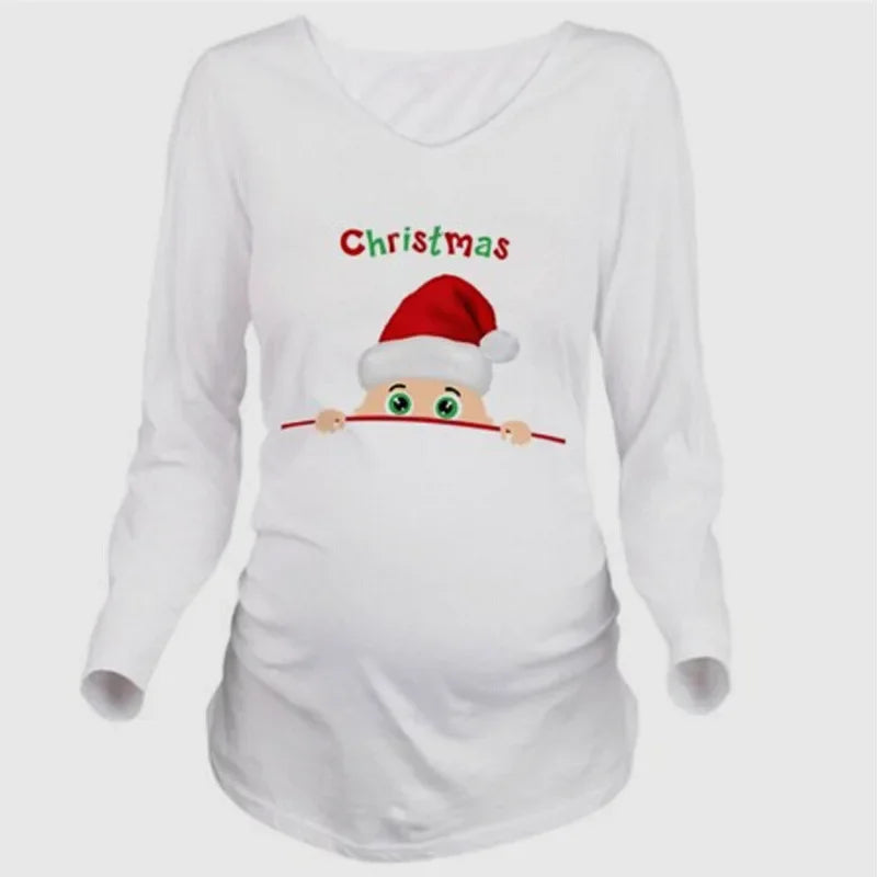 Pregnant Woman Christmas Long Sleeve T-Shirt | Santa Baby Print | Side Ruched Maternity Top | Pregnancy Clothes Tee