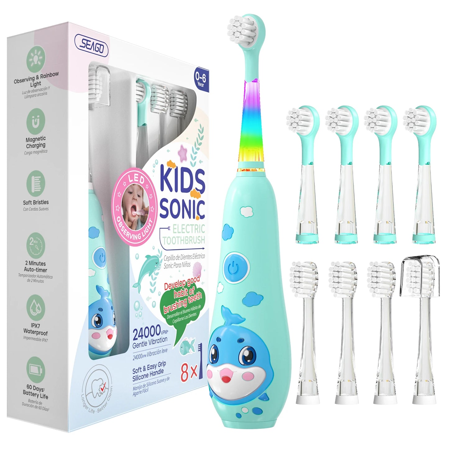Seago Kids Electric Toothbrush - Sonic Child Dolphin Design with LED Smart Timer - IPX7 Waterproof Teeth Cleaning