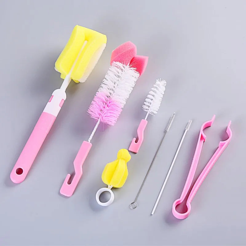 7-Piece Brush and Sponge Rotation Set for Cleaning Baby Pacifiers, Cups, and Nipples – Handheld Tools for Baby Feeding Bottle Cleaning