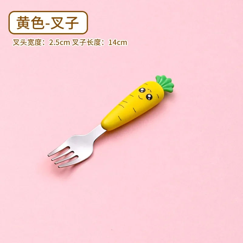 Cartoon Carrot Spoon & Fork Set for Babies - Cute Short Rice Spoon, Children's Tableware, Stainless Steel Feeding Utensils