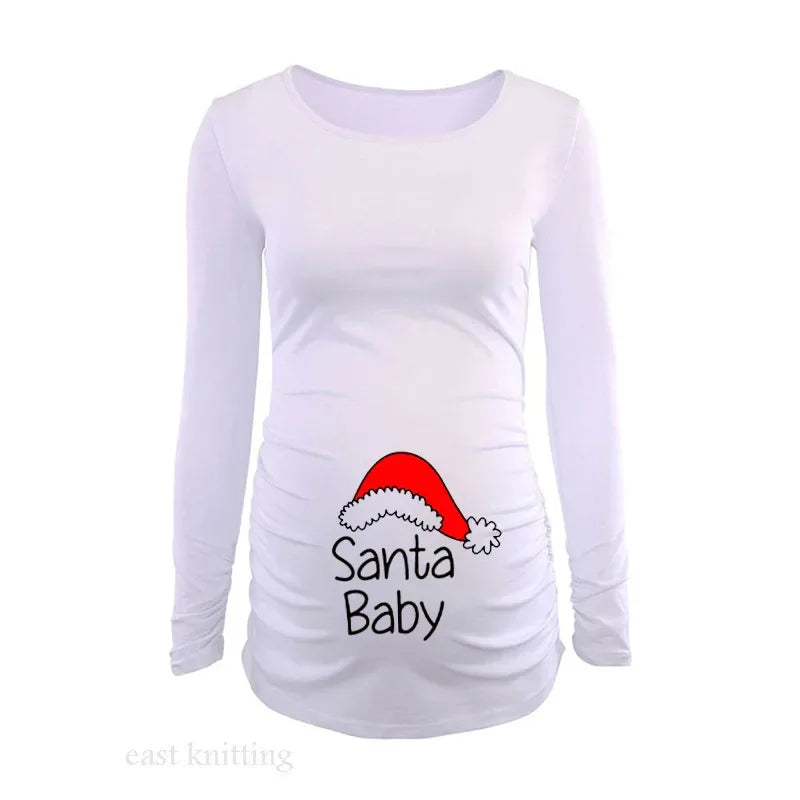 Pregnant Woman Christmas Long Sleeve T-Shirt | Santa Baby Print | Side Ruched Maternity Top | Pregnancy Clothes Tee