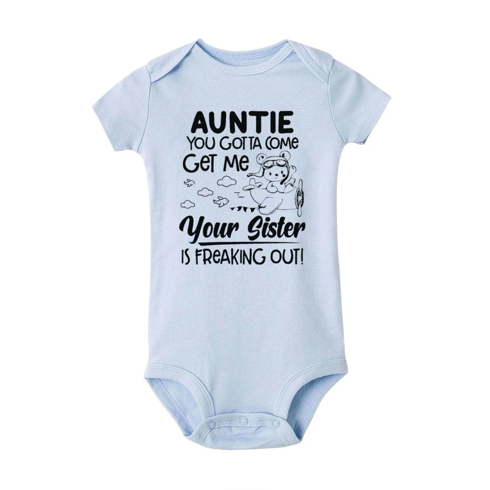 "Auntie, You Gotta Come Get Me" Baby Romper – Funny Letter Print Newborn Bodysuit – Summer Short-Sleeve Infant Clothes (0-1Y)