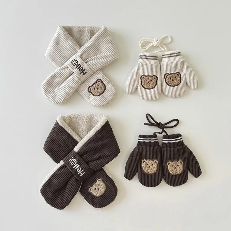 Kids’ Corduroy Winter Scarf & Gloves Set – Thick Velvet Warm Mittens for Boys & Girls
